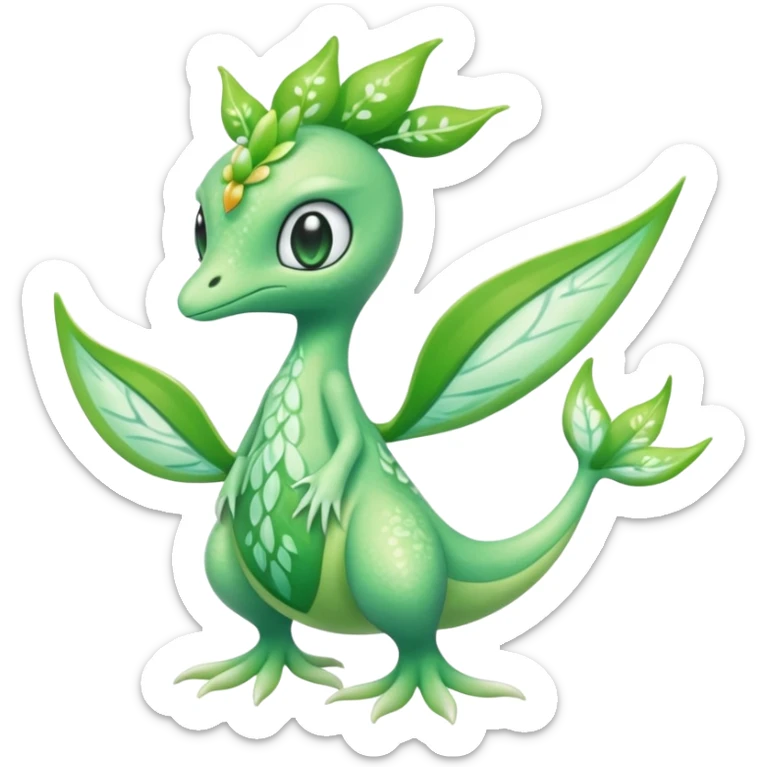 Sparkly White And Green Natural Flowery Colorful Grovyle-Swadloon-Celebi-Fakémon-hybrid-creature (full body)  sticker