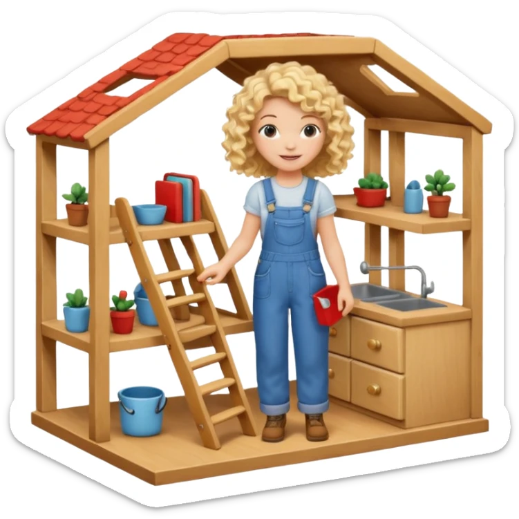 smiling blonde curly girl arranging furniture in doll house with overalls sticker