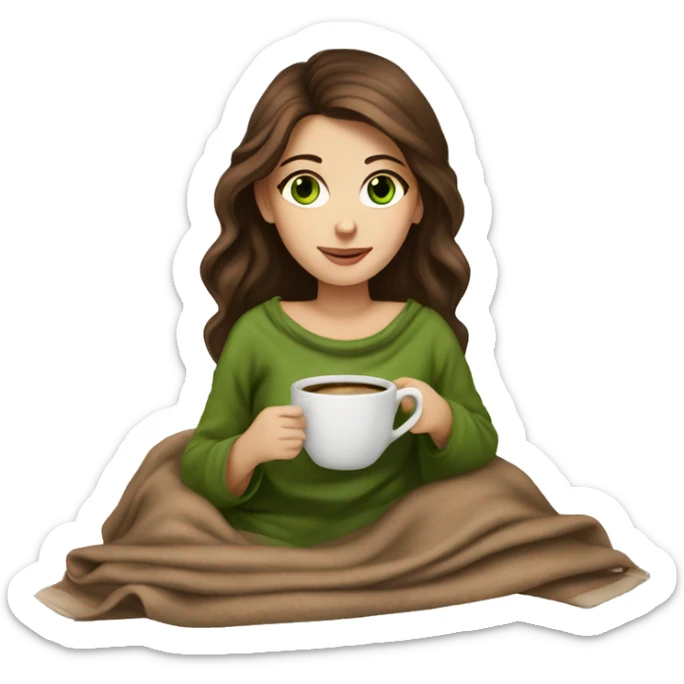 A beautiful girl with brown hair and green eyes cozy with a nude blanket and a cup of coffee  sticker