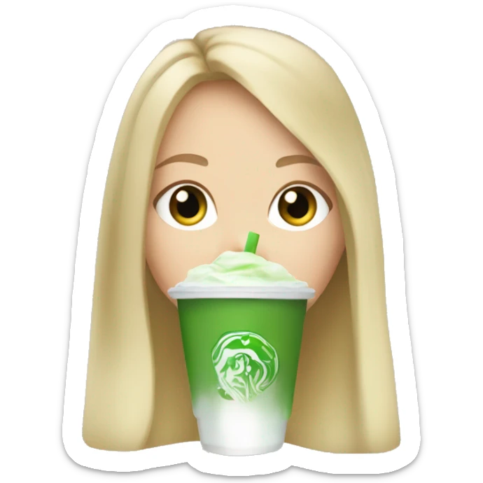 White girl with blonde long hair drinking iced matcha latte with green eyes sticker