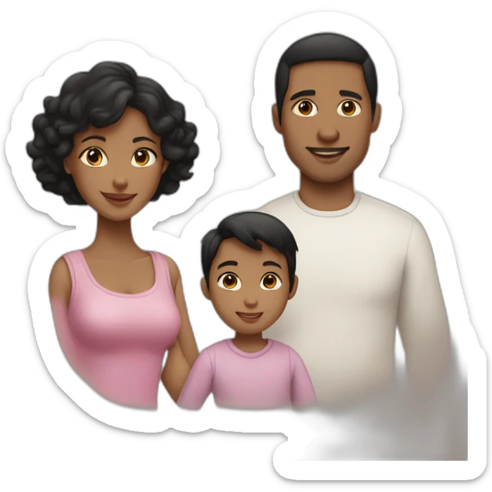 Family of three, woman with black hair, men with black hair, baby girl, 2 cats sticker