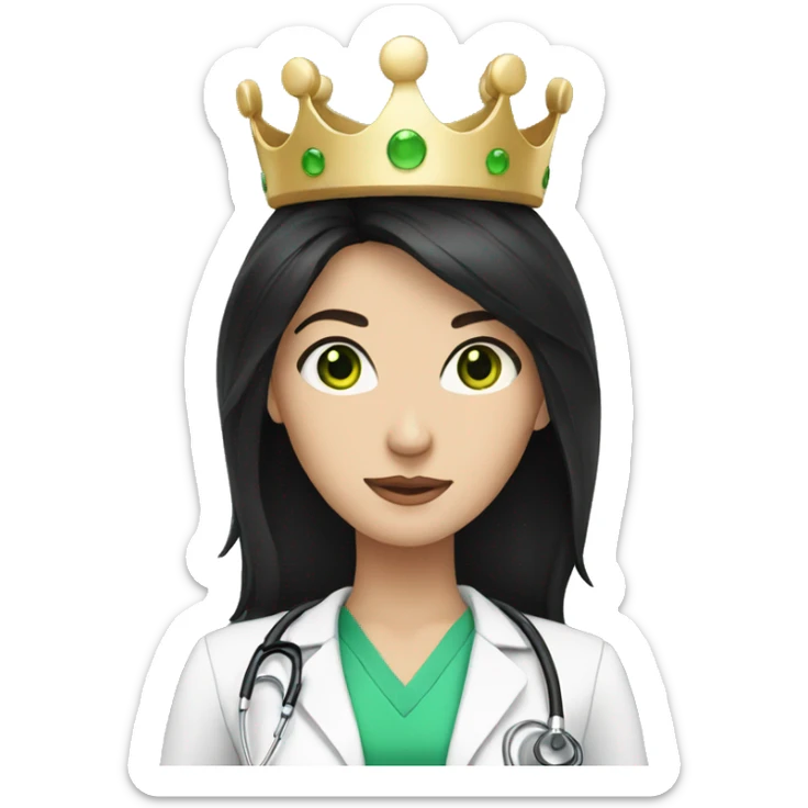 White Female doctor with green eyes, long black hair and a crown sticker