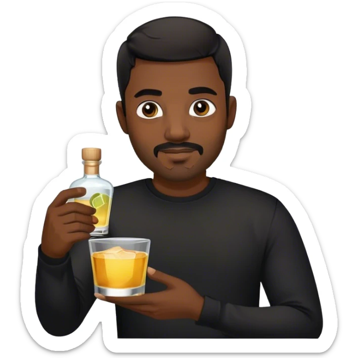 dark black guy, short black hair, facial hair, holding tequila, black shirt  sticker
