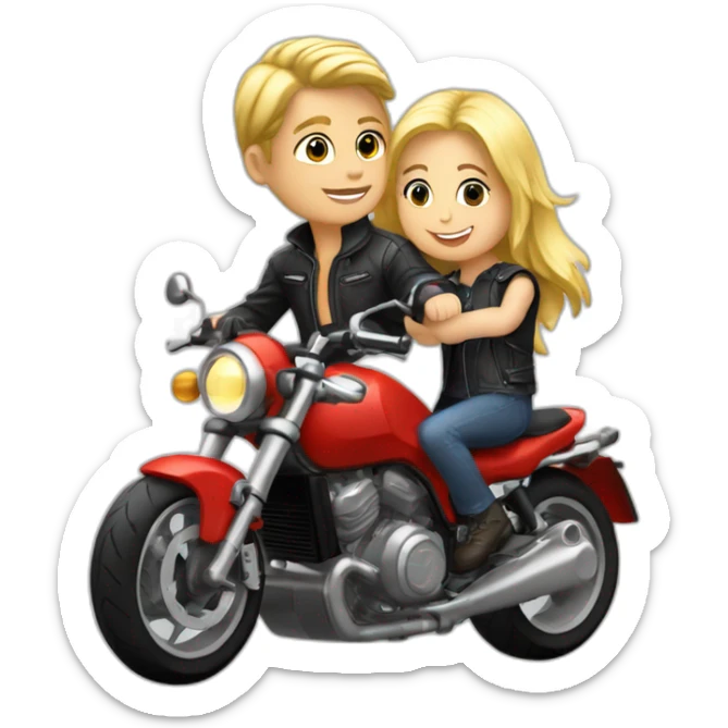 Garçon blond + fille blonde à l'arrière sur une moto ducatti sticker