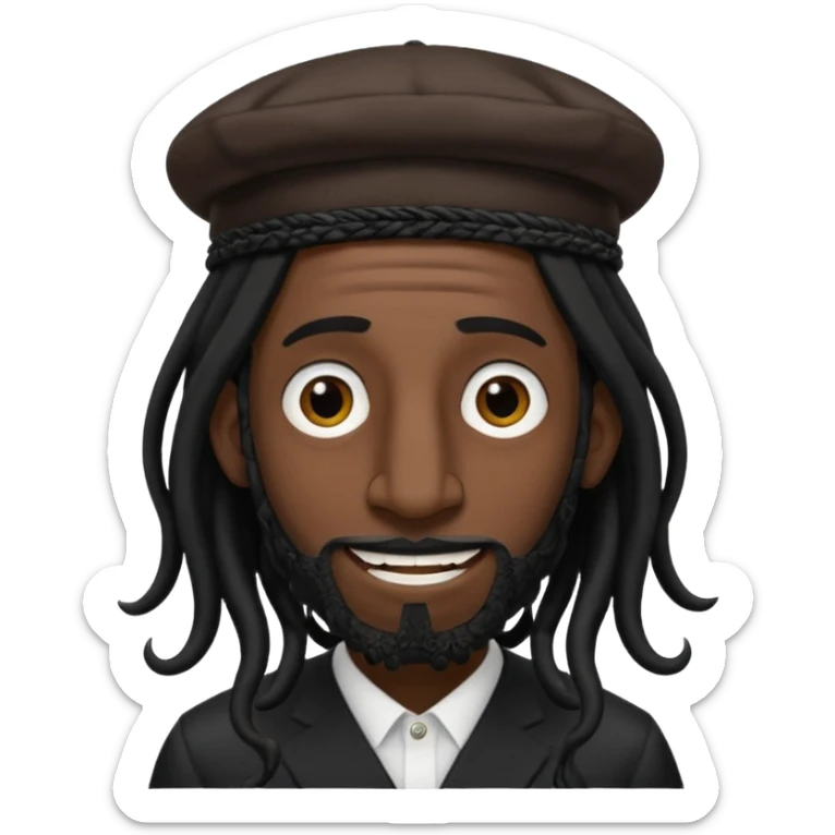 Jewish man emoji with long dread black hair on the sides and jewish judaism hat, long big nose and crooked teeth sticker
