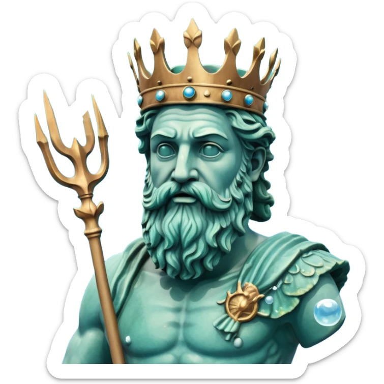 Bust of Poseidon underwater, Greek god with beard and crown, sea god statue with trident, bubbles around, blue water background sticker
