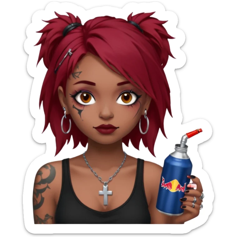 generate an ios genmoji of a girl with dark red messy hair with eyeliner on her eyes.  septum piercing, wearing a cami black top, has tattoos, on shoulders. ear piercings. wearing a cross silver necklace. Holding a redbull. dusky skin color.  sticker