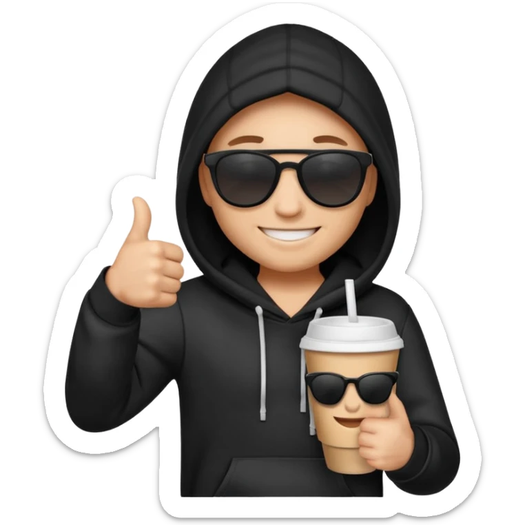 emoji di Gesù con felpa nera, sulla felpa in bianco scrivi "SKUIRTER" con occhiali da sole un pollice in su e in una mano un bicchiere di carta
 sticker