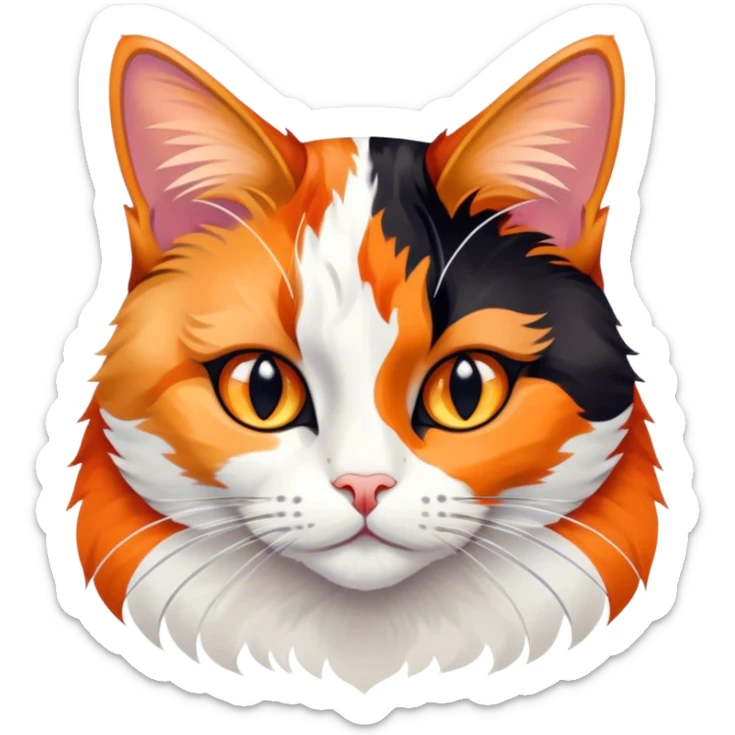 Cinematic Noble Calico Cat Portrait Emoji, Poised and regal, with a striking patchwork fur in vibrant orange, black, and white hues, delicate whiskers and a refined, focused gaze, simplified yet exquisitely detailed, glowing with a soft, moonlit radiance and an air of aristocratic elegance, high shine, exuding dignified intelligence and poised authority, soft glowing outline, capturing the essence of a watchful and noble calico cat that appears ready to grace the screen with effortless majesty! sticker