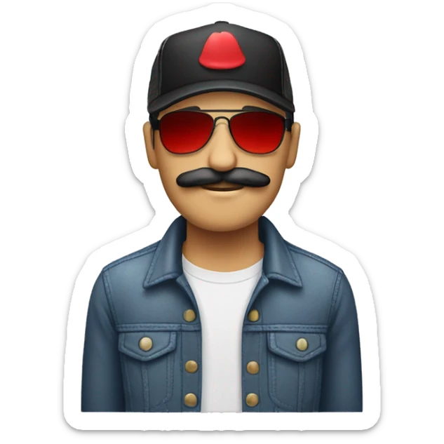 a white male with black hair, wearing red with a moustache and a trucker hat and sunglasses  sticker