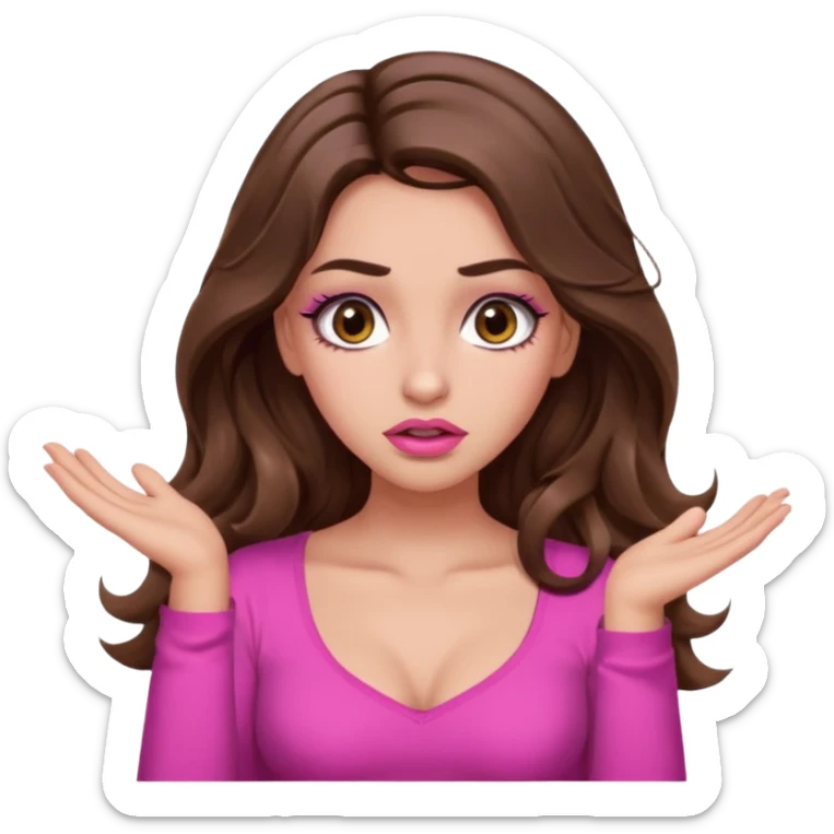 girl with long wavy brown hair, brown eyes, long lashes makeup, sexy pink lips, light to medium complexion, pink sexy top, shrugging with both hands, confused sticker