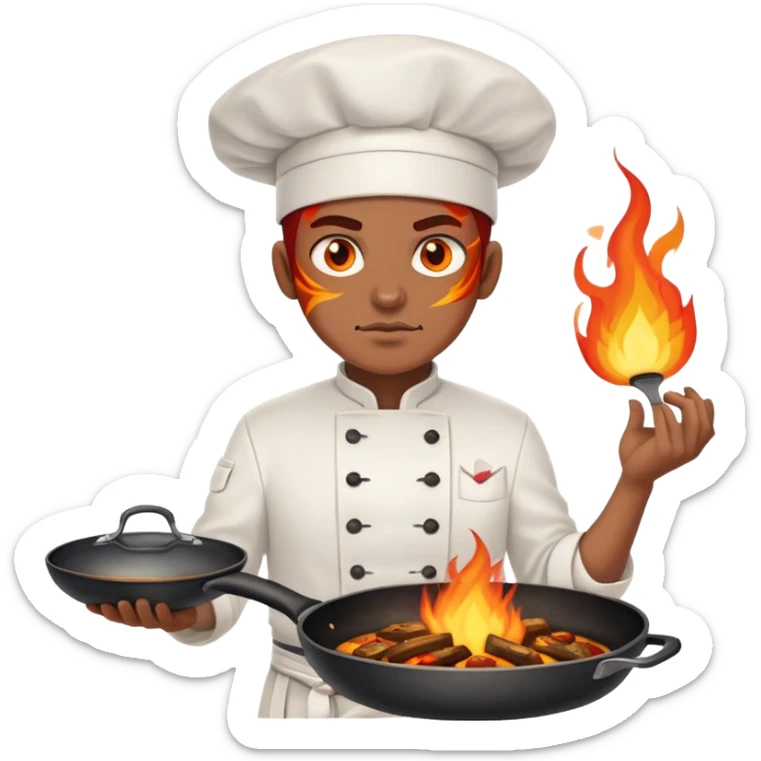 proud chef with blazing fire eyes, crossing two skillets across chest like a warrior sticker