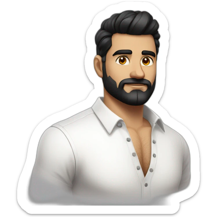 close up of white skin indian in plain white shirt with sleeve up and quiff black hair style and beard sticker
