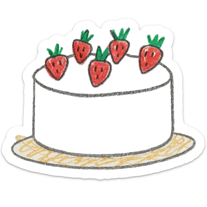 round white cake with strawberries on top, simple and cute, children doodle style sticker