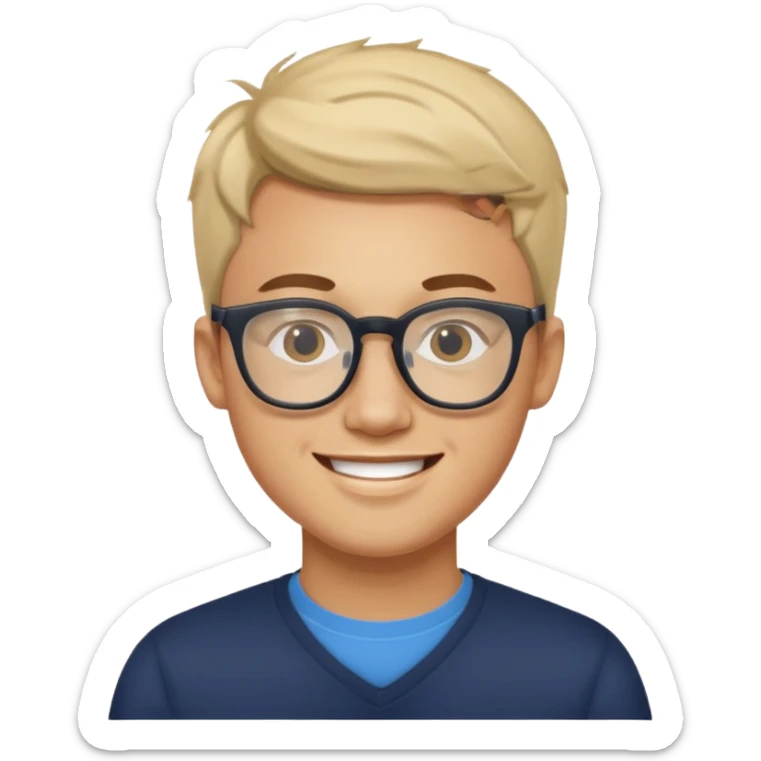 a man in his early 20s wearing glasses for a tech company, his job is marketer, extroverted sticker