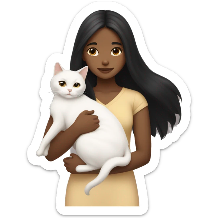 girl with very long black hair and light brown skin hugging a white cat sticker
