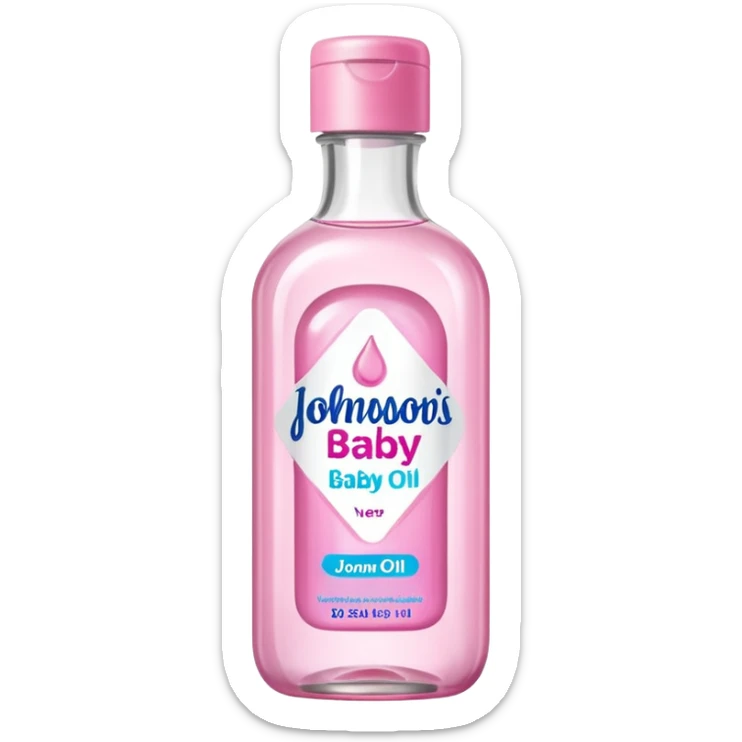 johnson's baby oil in a transparant bottle with a pink label. The oil should look transparant  sticker