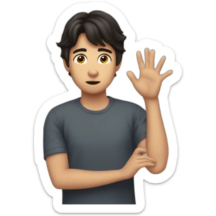 It was not me, dark hair I am innocent confused nervous little man raising palms up in surrender and staring sticker