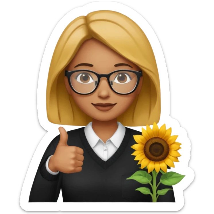 Make my biology teacher shes light brown, wears glasses, female, fat, all black sweater down and sunflower shirt under and make her give 1 thumbs up sticker