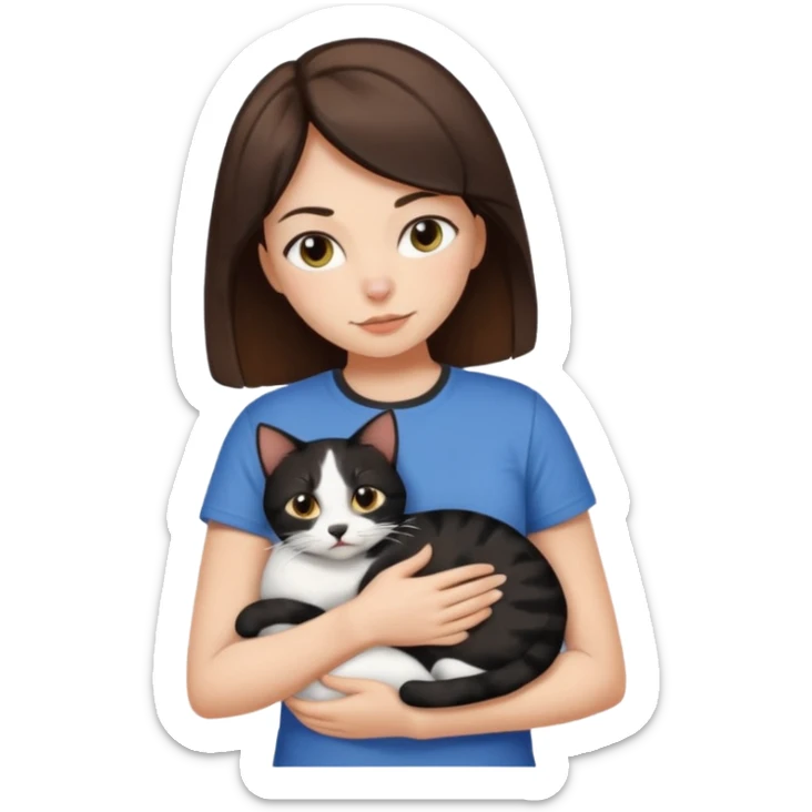 Brunette woman wearing a tshirt snuggling black brown and white calico cat sticker