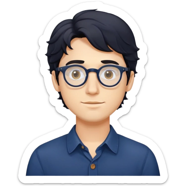 Upper body only of young caucasian man with longer wavy black hair, round glasses, wearing comfortable dark blue buttoned shirt sticker