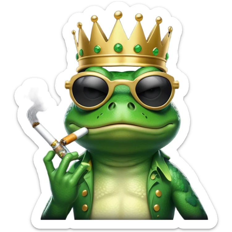 gangster frog wearing a gold crown smoking a marijuana joint, cool sunglasses sticker