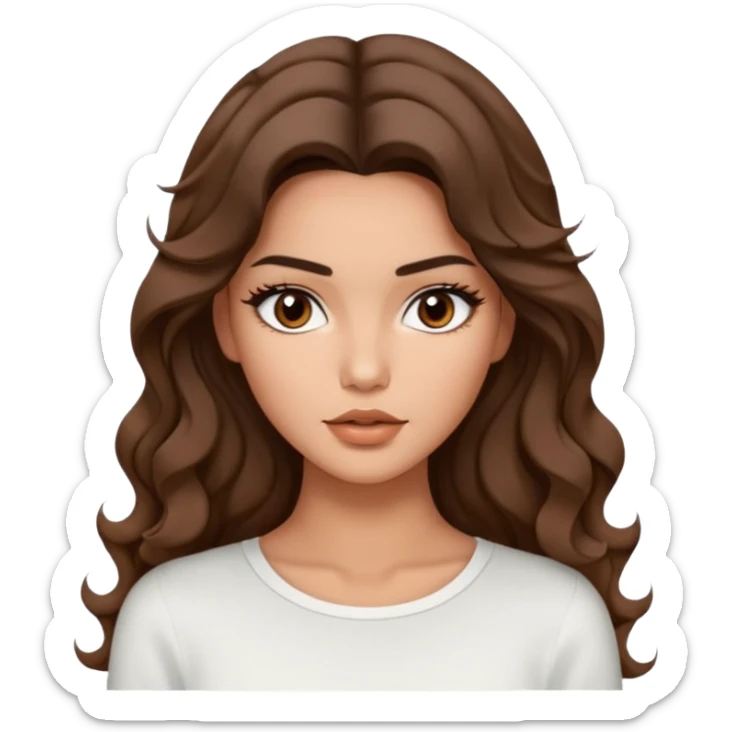 Beautiful woman model  large breasts  with brown  monolid narrow eyes tan skin, full lips  long curled hair model white  top Kendal Jenner  sticker