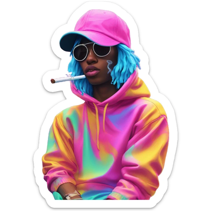 Multicoloured neon Vaporwave person smoking wearing hoodie dancing hip hop bucket hat tropical Skater fashion aesthetic baggy clothes graphic t shirt 420 sticker