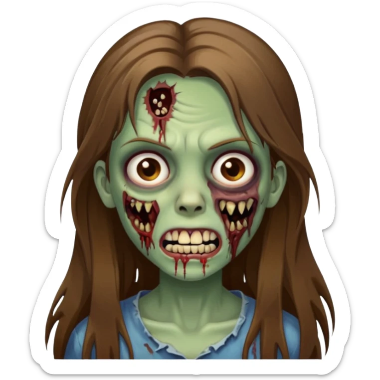 Girl zombie with brown long hair with teeth and serious face IOS style sticker