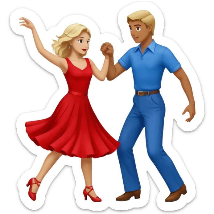 Two people. Man  wearing all red  with brown hair. Women iall blue with blond hair. Swing Dancing.  sticker