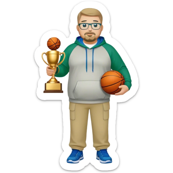  full body white obese male basketball coach with trophy. Goatee , Wearing glasses and blue and green hoodie and khaki pants sticker