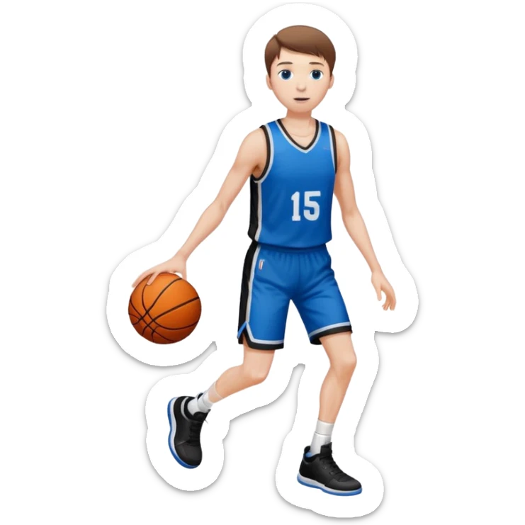 Tall, white, skinny, playing basketball, brown short hair, blue eyes, wearing black uniform
 sticker