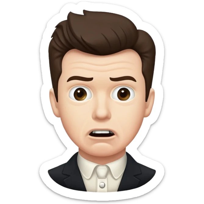 Rick Astley having a kinda worried face but with front teeth out and the picture is from the era of the beginning of cameras(1826)-the 1940s sticker