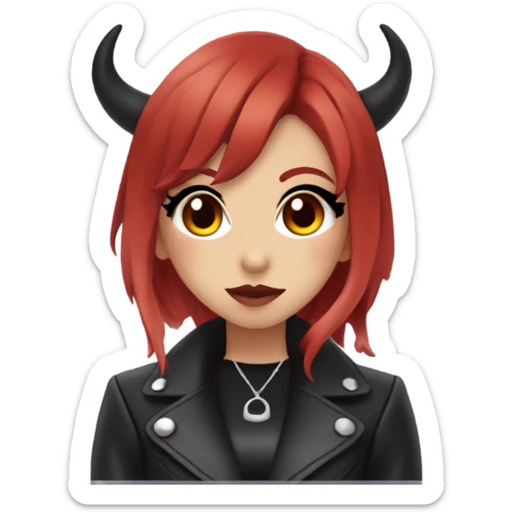 demon hime gyaru girl, black eyes, red hair, demon horns, leather coat sticker