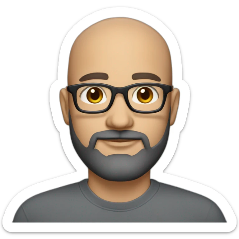 marketing strategist, 40 years old,with brown eyes, light caukassian skin,short black grey beard, bald, wearing bold glasses, and shirt sticker