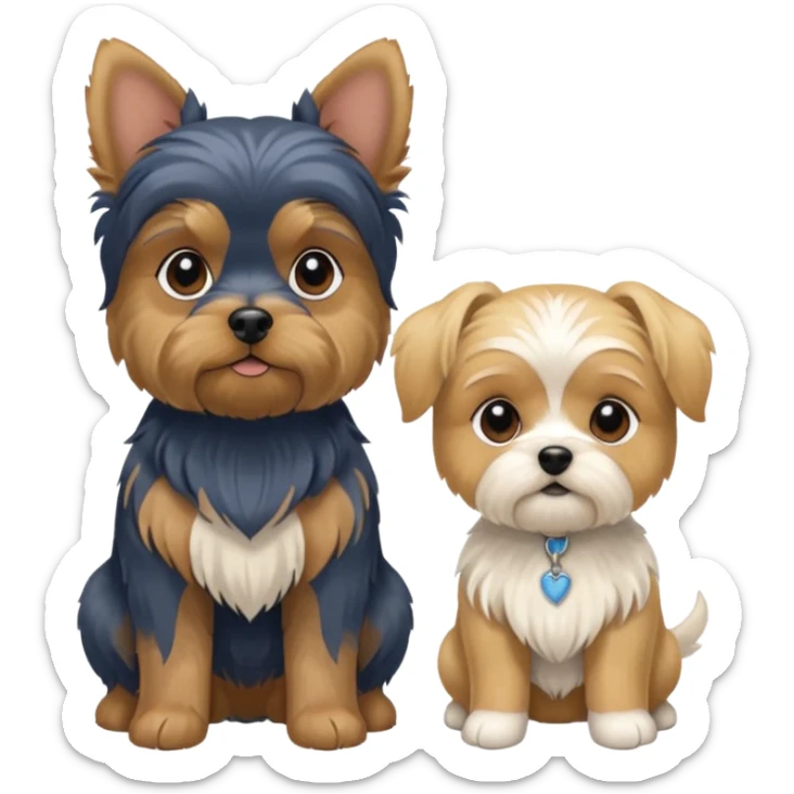 Generate a blue and tan purebred yorkie with a blonde shi tzu yorkie mix with floppy ears sitting next to each kther sticker