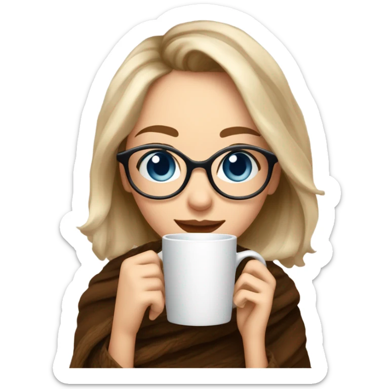 Balayage short hair Girl drinking coffee, with a cozy blanket wearing glasses with blue eyes beautiful  sticker