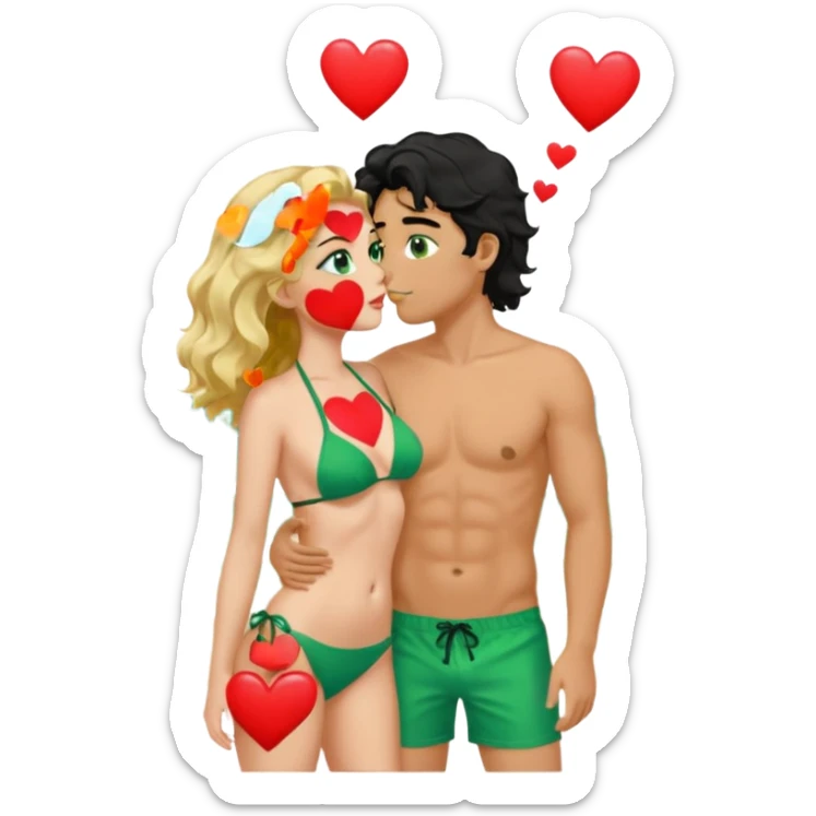 Blonde girl Green eyes wavy hair Green Bikini whole body Kissing man black Hair blue eyes Hearts in Body Background beach sticker