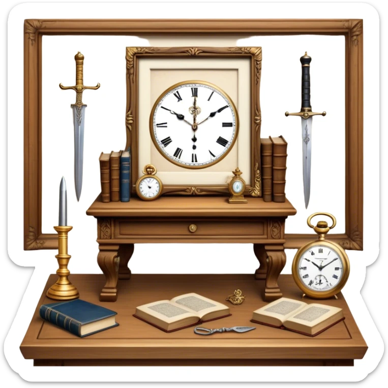 Icon for Antiques Collecting: antique carved  table, a vintage pocket watch and a porcelain figurine, all placed on a wooden antique carved table surrounded by aged books and antique swords. The icon should evoke the elegance and history of antique collecting. Transparent background. sticker