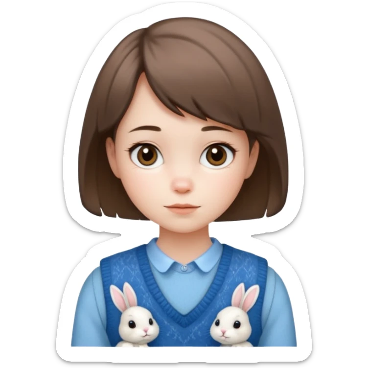 make a girl hair short and wear bunny skin pale ok and wear Sweater vests blue and make little bit a younger sticker