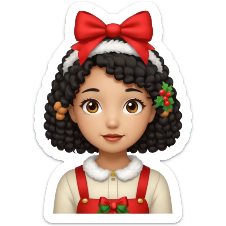 cute girl tan skin, curly black hair chin length, middle part, long eyelashes, cute cheeks, 5'2, outfit croquette style with bows and christmas theme sticker