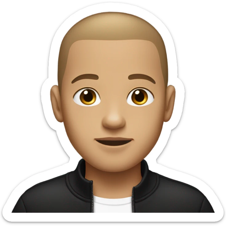 boy with very light brown skin, buzz cut, no facial hair, wearing a smart black quarter zip jumper with white t shirt underneath. sticker
