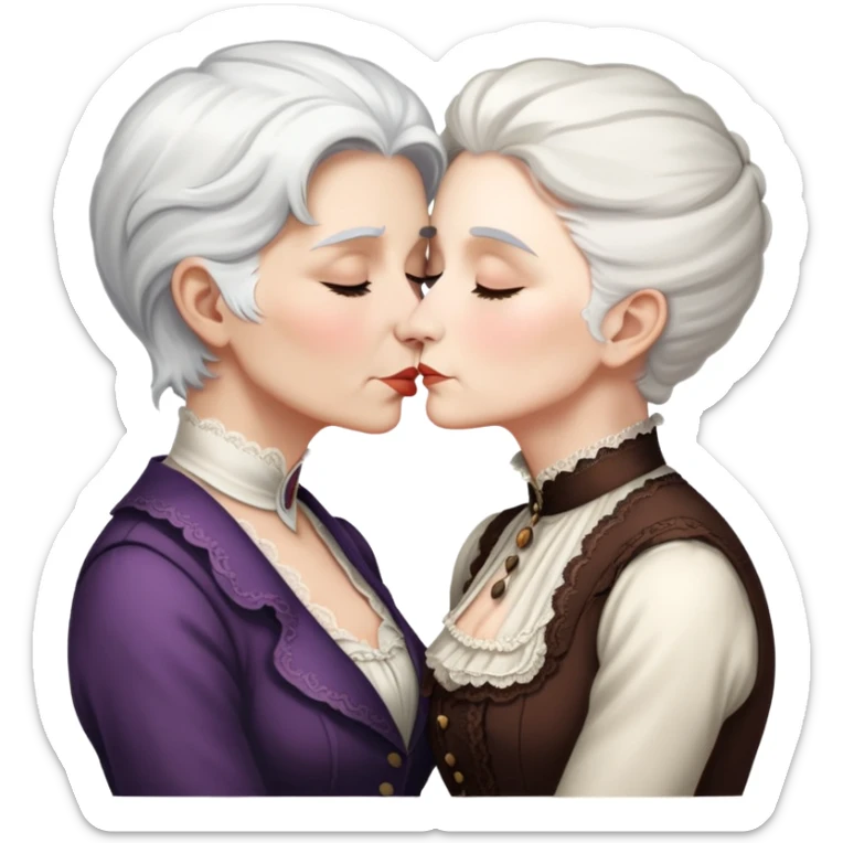 lesbian kiss between an older victorian woman with white hair and a younger brunette woman sticker