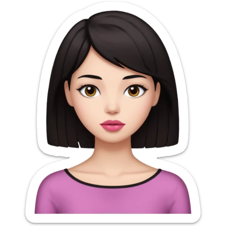 my hair is dark brown almost black, reaching my shoulder. the haircut is wolfcut, pretty lasher hut not thick. slightly pink lips. sticker