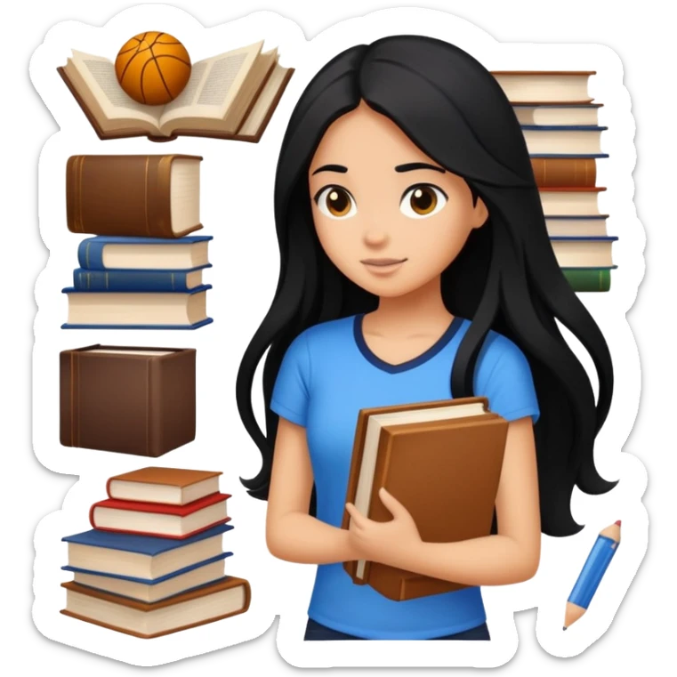 differemt girlhood hobbies floating back ground, books, art, and sports, tanned long black hair sticker