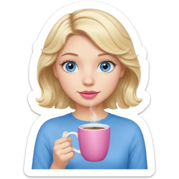 Girl Blonde short wavy hair,  blue eyes, cute blue top, long lashes, pink lips, holding coffee mug sticker