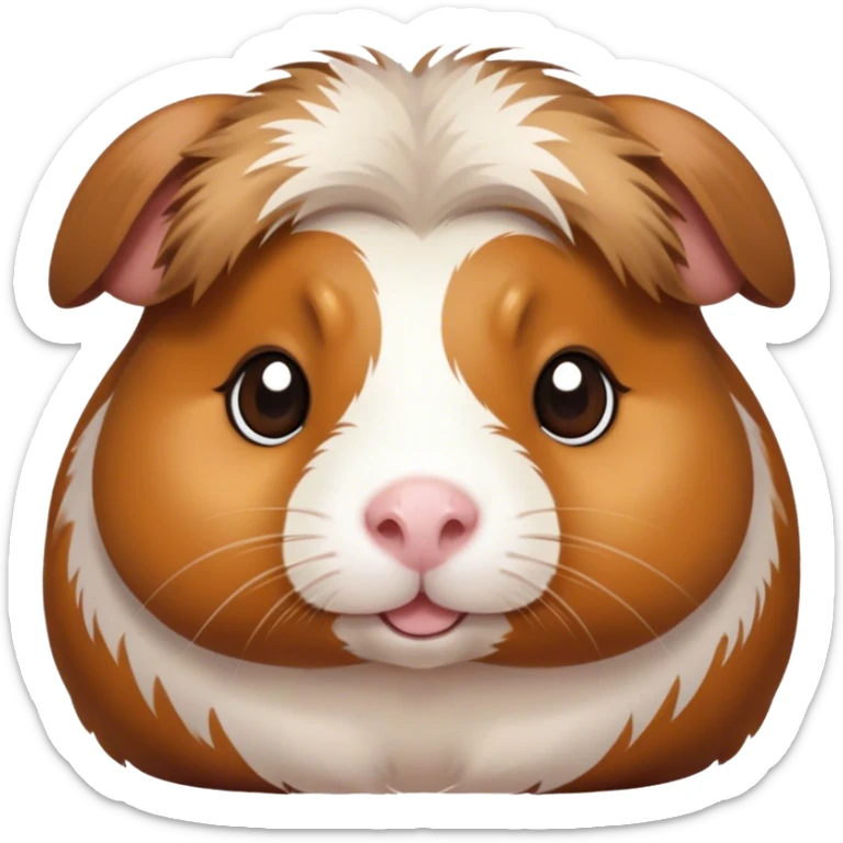 Cinematic Cute Brown and White Banded Guinea Pig Portrait Emoji, Head tilted playfully and inquisitively, showcasing a fluffy coat with playful brown and white banded patterns, round, sparkling dark eyes filled with curiosity, Simplified yet irresistibly adorable features, highly detailed, glowing with a warm, friendly glow, high shine, affectionate and spirited, stylized with a touch of whimsy, bright and endearing, soft glowing outline, capturing the essence of a mischievous yet loving guinea pig, so playful it feels like it could dash out of the screen and into your arms! sticker