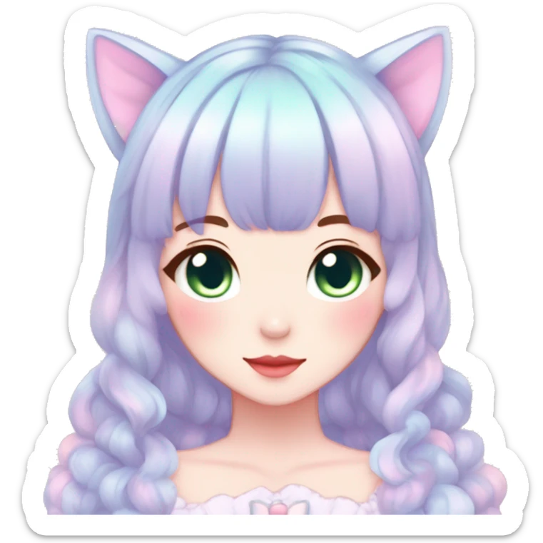 Gorgeous pastel anime style lady with blushing face and cat ears cottagecore fairycore pastelcore colorful pearly romantic simplistic aesthetic trending style sticker