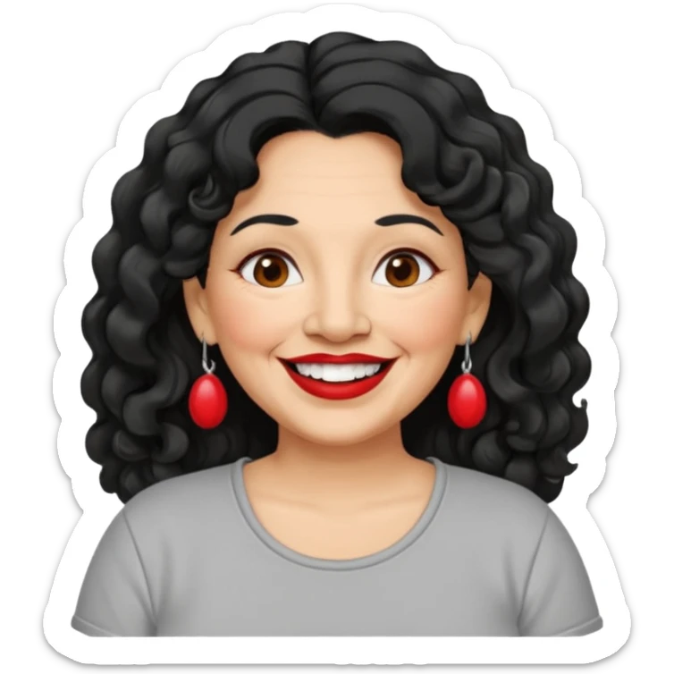 60 yr old Mexican woman, slightly chubby, wavy/curly long black hair, red lipstick, big smile, white teeth, brown eyes, hoop earings, side part to hair, round face, grey t shirt, hair side swept, big hoop earing sticker