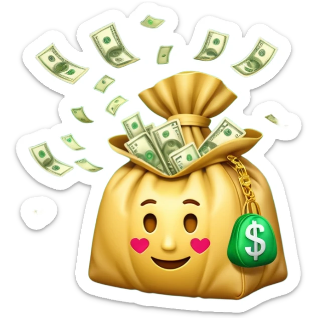 

3D emoji style, big bag of money, flying dollar bills, rich casino vibe, smooth lighting, high detail, clean edges, transparent background



 sticker